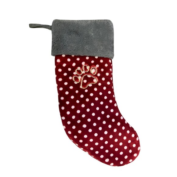 Dog Paw Christmas Stocking Red Polka Dot Plush Gray Top 18” Pet Used - Picture 1 of 10